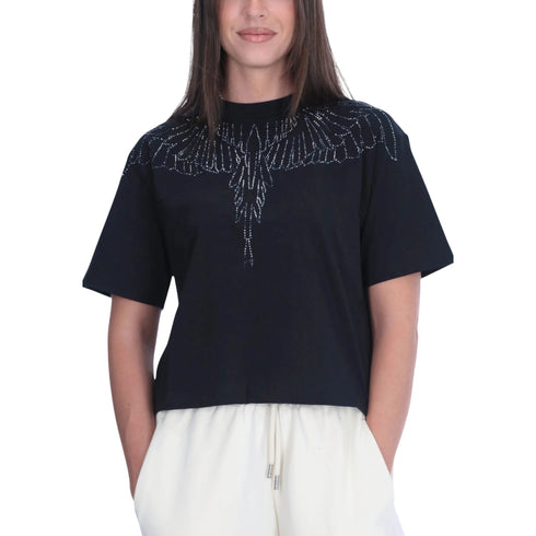 T-shirt Donna crop, con una scollatura girocollo decorata con strass